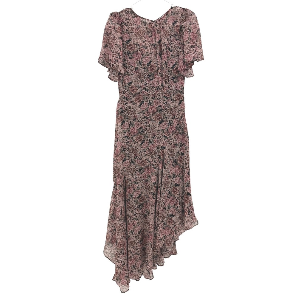 ASTR Black Pink Floral‎ Flutter Sleeve Asymmetrical Midi Dress Small